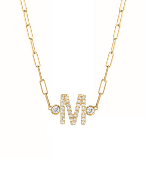 Diamond Initial and Bezels Paper Clip Necklace