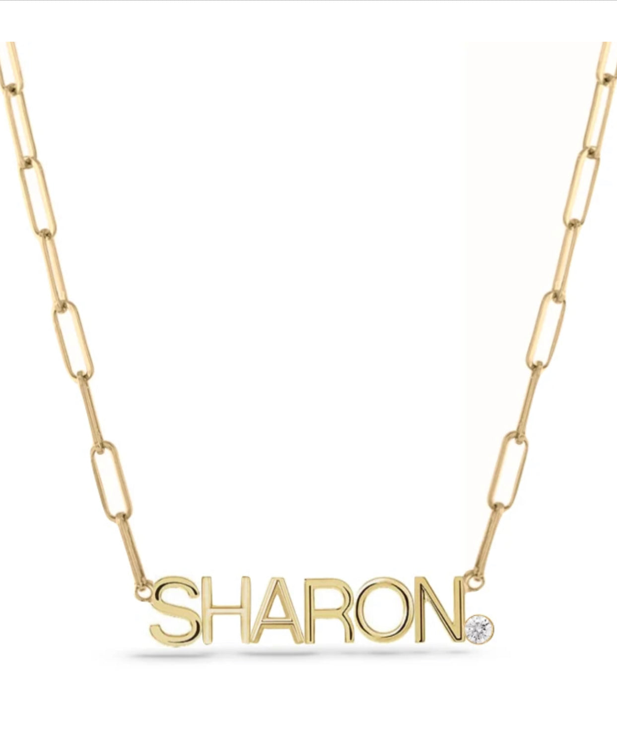 Gold name on paperclip necklace