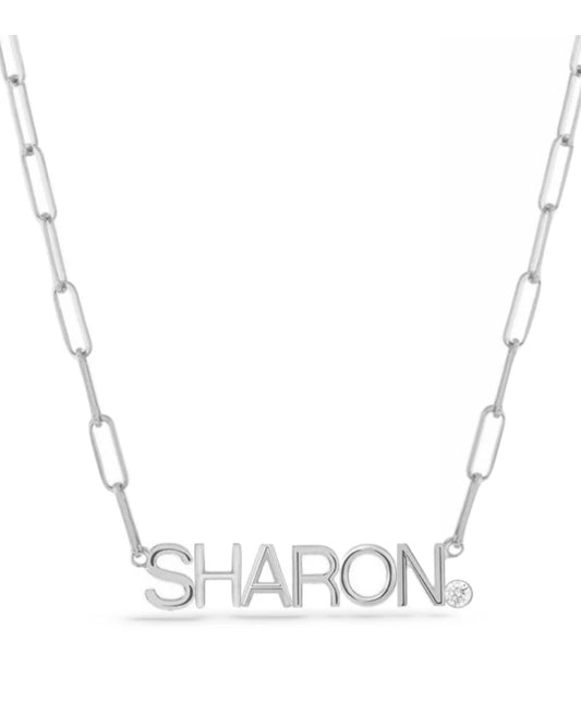 Gold name on paperclip necklace