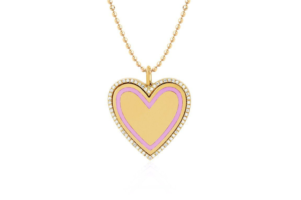 EF Collection Diamond and Light Pink Enamel Heart Necklace