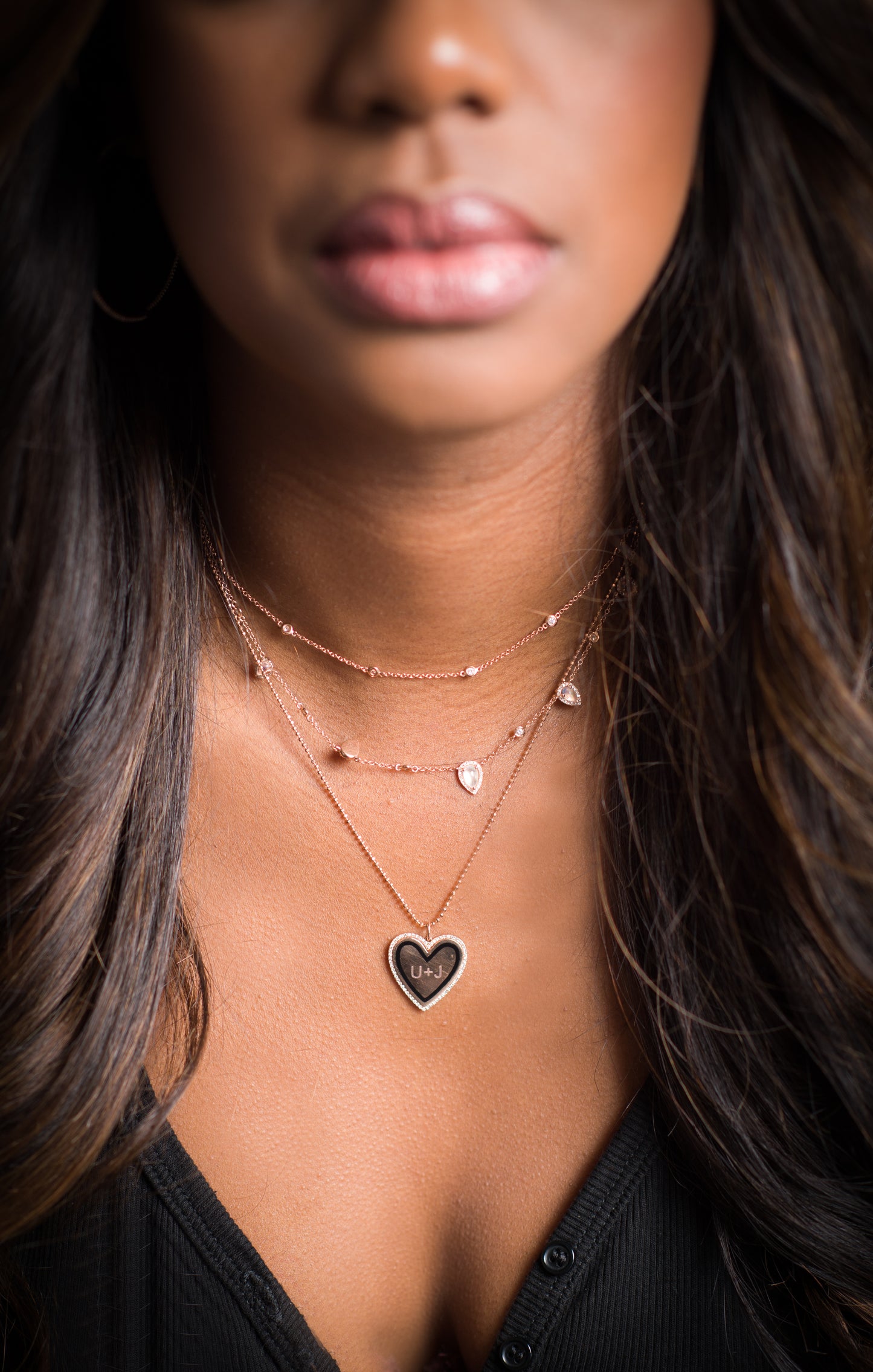 EF Collection Diamond and Black Enamel Heart Necklace